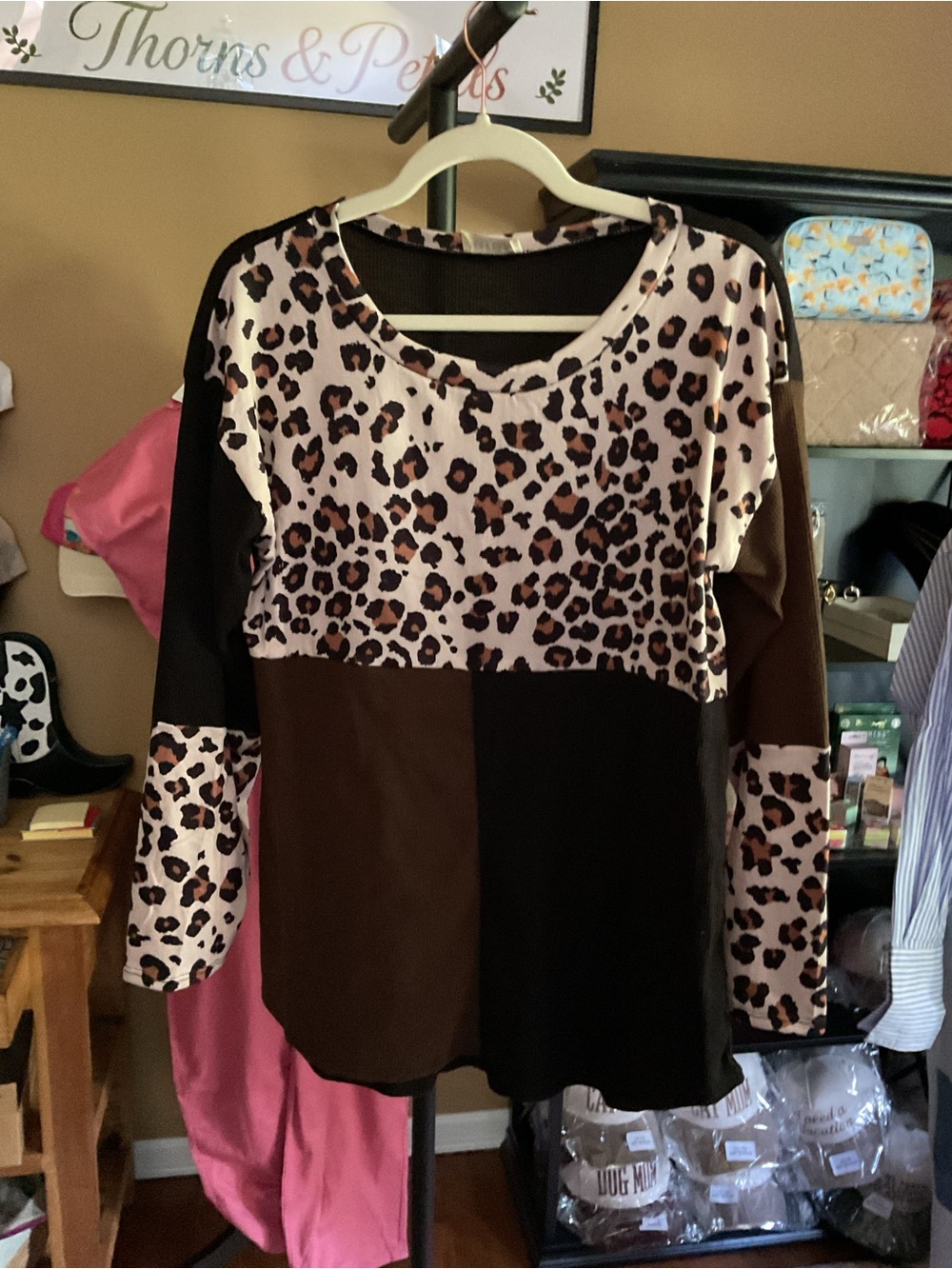 BiBi Leopard Colorblock Long Sleeve Top - Brown & Black